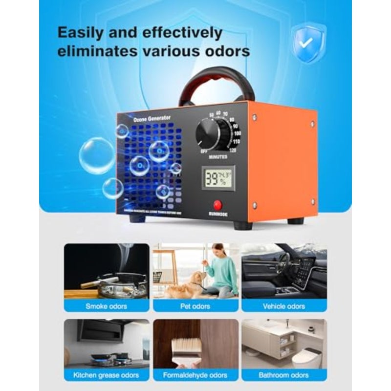 Ozone Generator 60000mg/H for Homes Cars Hotels Kitchens Pet Areas, Orange ABS Plastic with Temp Humidity Display, 60 Min Timer, 300 Sq. Ft Coverage - Image 2