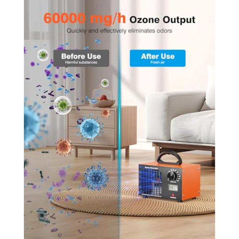 Ozone Generator 60000mg/H for Homes Cars Hotels Kitchens Pet Areas, Orange ABS Plastic with Temp Humidity Display, 60 Min Timer, 300 Sq. Ft Coverage - Image 3