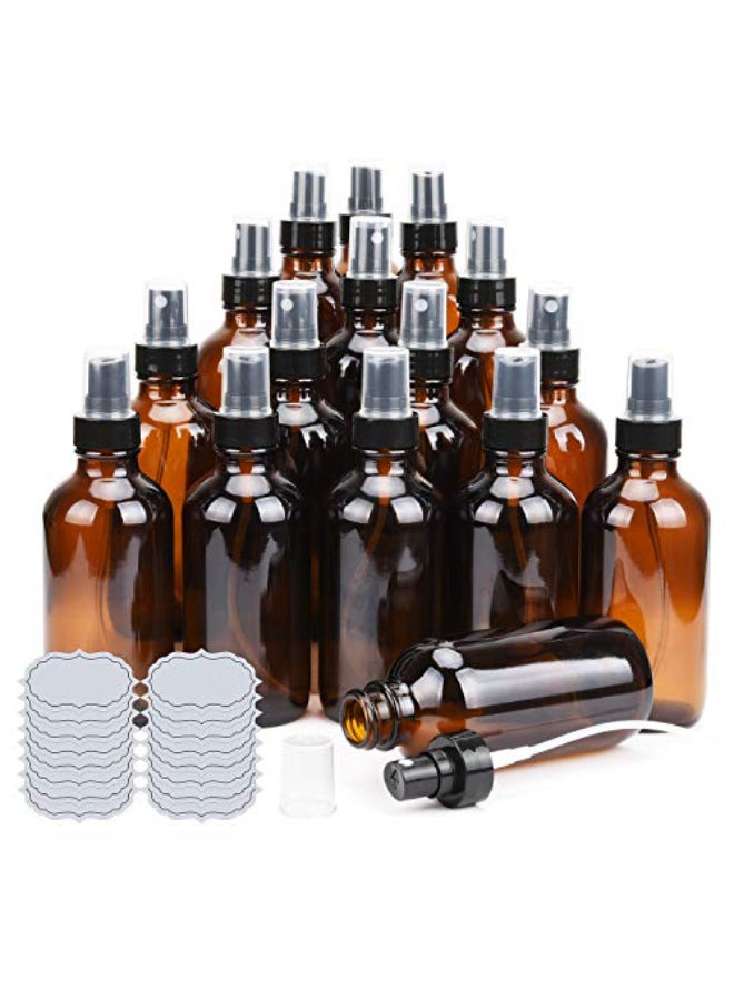 ULG Amber Glass Spray Bottles 4oz Brown Glass Bottle Fine Mist Sprayers Empty Spray Atomizer Including Waterproof DIY Labels 16 Piece - Image 1