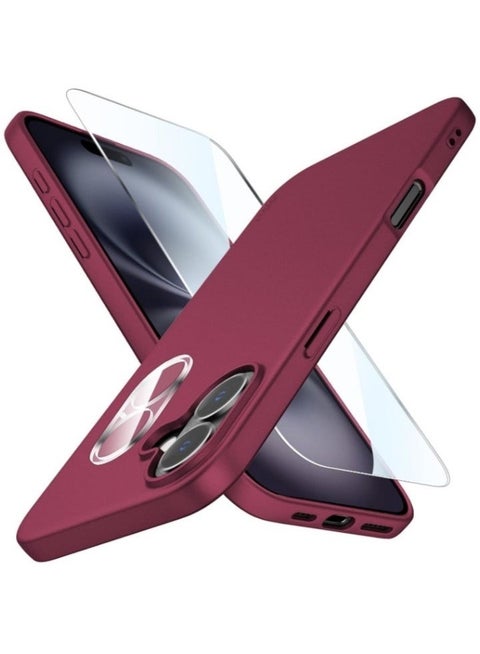 "iPhone 16 Wine Red Case – Ultra-Thin Matte Cover with Camera Lens and Screen Protectors, Light Soft Touch, Shockproof Design"