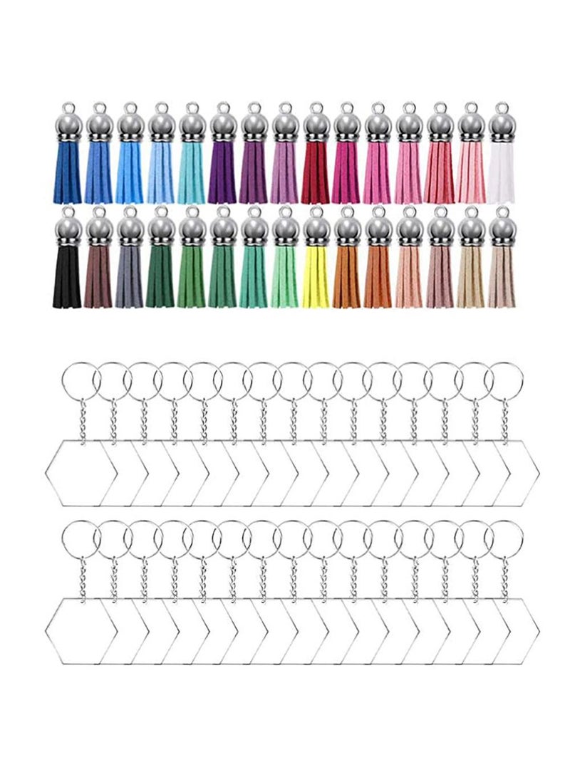 Sweet seven 120-Piece Hexagon Acrylic Keychain Blanks Kit: Clear Hexagon Discs with Tassels for DIY Crafts and Projects - Transparent Sublimation Key Ring Pendant Ornament - Image 1