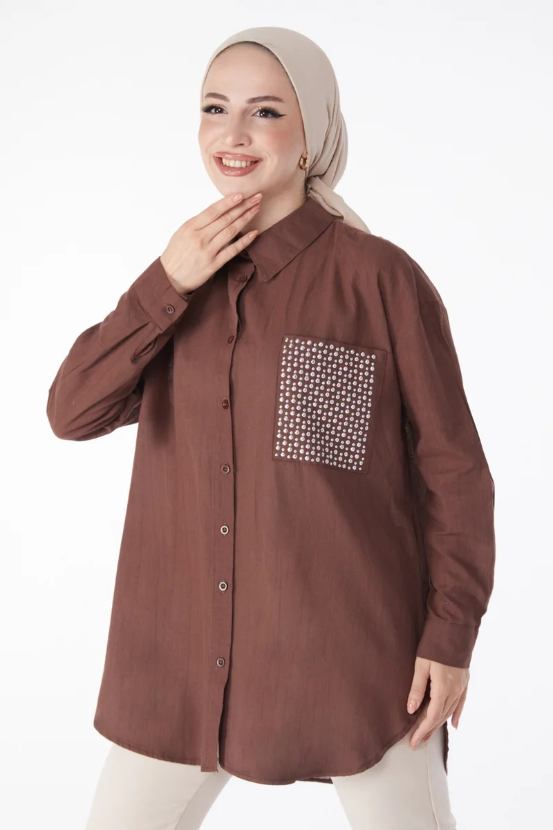 Tofisa Plain Shirt Collar Women's Brown Pocket Stone Detailed Tunic - 13168