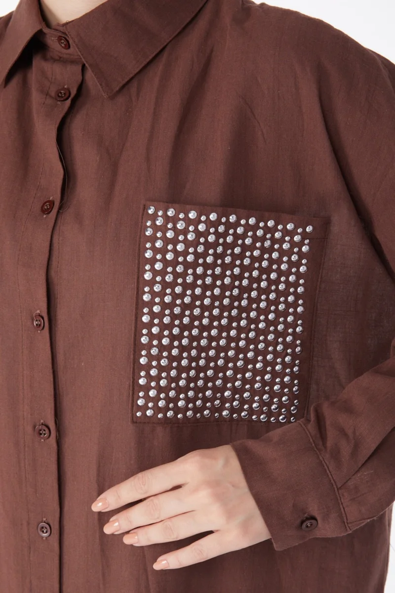 Tofisa Plain Shirt Collar Women's Brown Pocket Stone Detailed Tunic - 13168