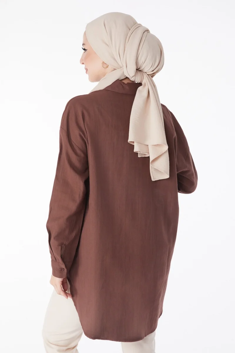 Tofisa Plain Shirt Collar Women's Brown Pocket Stone Detailed Tunic - 13168