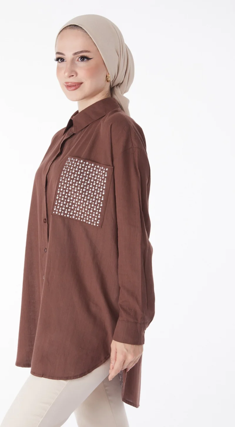 Tofisa Plain Shirt Collar Women's Brown Pocket Stone Detailed Tunic - 13168