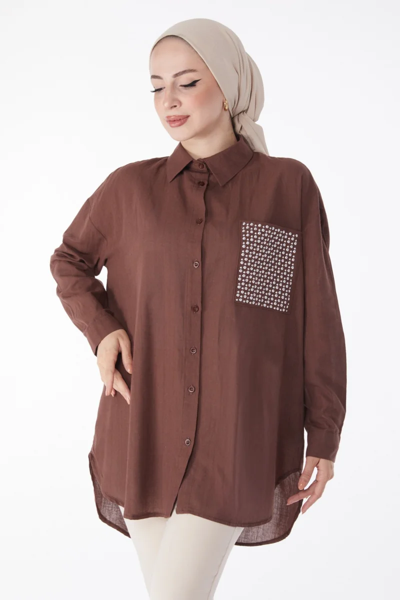 Tofisa Plain Shirt Collar Women's Brown Pocket Stone Detailed Tunic - 13168