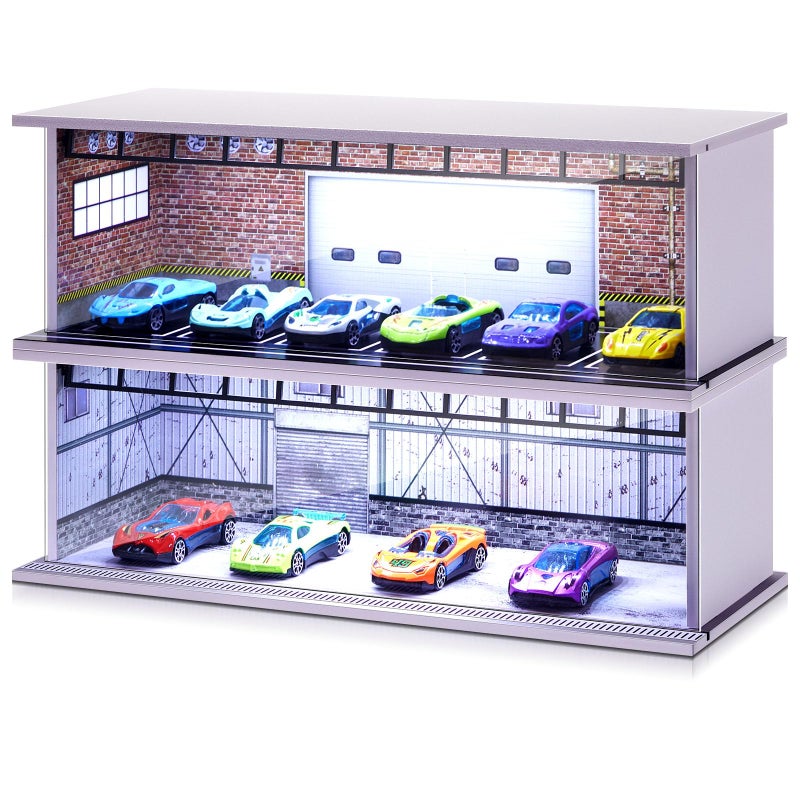 Tujoe 2 Pcs Display Case for Toy Car Garage with LED Light Stackable 164 Scale Diecast Toy Cars Garage for Maximum 58 Model Car Display and StorageRed Bricks - Image 2