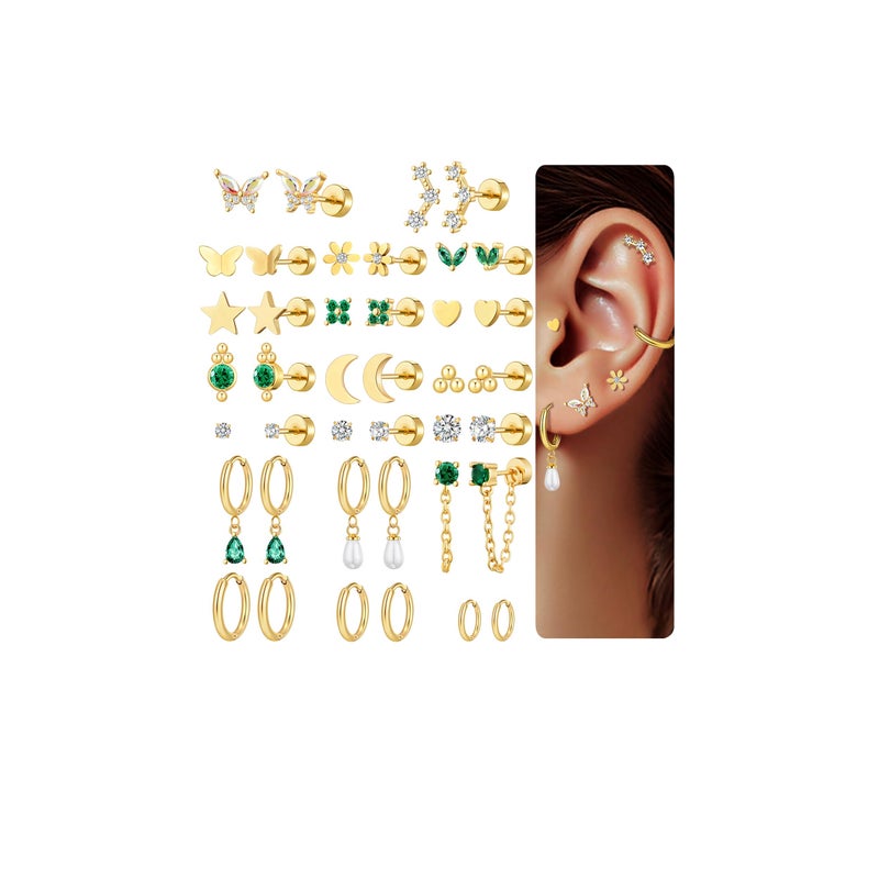 Tamhoo 20 Pairs Gold Flat Back Earrings Hypoallergenic Cartilage Earring for Women ,Mix of 10pcs Hoops,30pcs Studs,Dazzling Helix & Tragus Piercing Jewelry,20G Screw Back Earrings Sets for Multiple Piercing (#1-gold) - Image 1