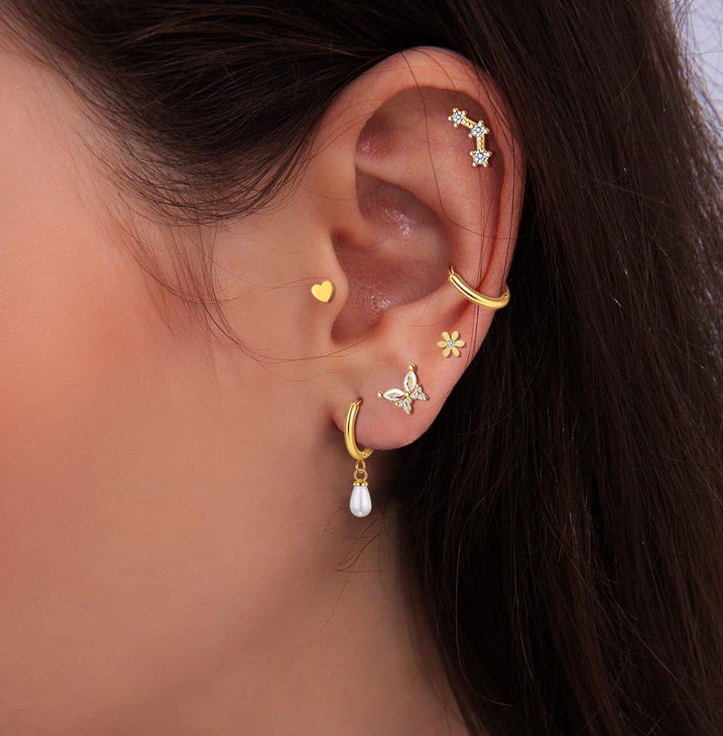 Tamhoo 20 Pairs Gold Flat Back Earrings Hypoallergenic Cartilage Earring for Women ,Mix of 10pcs Hoops,30pcs Studs,Dazzling Helix & Tragus Piercing Jewelry,20G Screw Back Earrings Sets for Multiple Piercing (#1-gold) - Image 3
