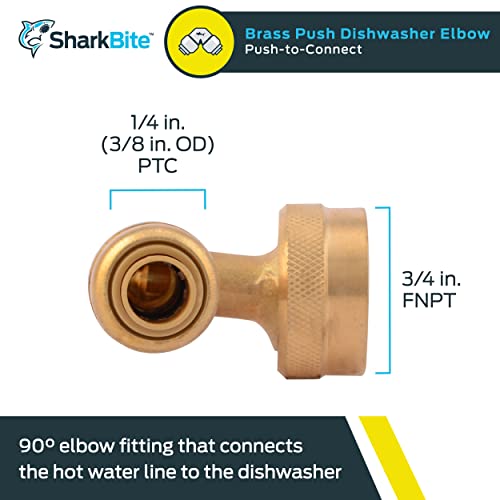 SharkBite 1/4 Inch (3/8 Inch OD) x 3/4 Inch 90 Degree Dishwasher Elbow, Female Thread, Push to Connect Brass Plumbing Fitting, PEX Pipe, Copper, CPVC, PE-RT, HDPE, U2276LFA - Image 2
