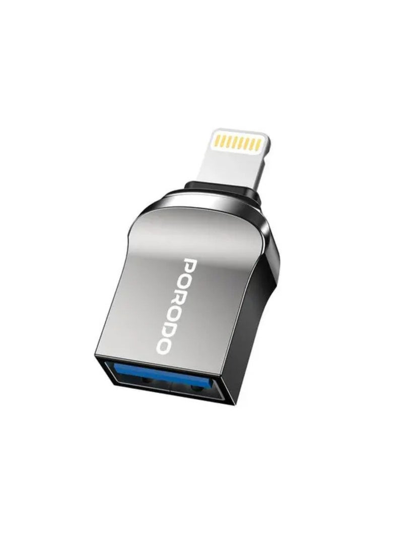 porodo - USB A to Lightning Adapter, Zinc Alloy, Fast Data Transfer, Universal Compatibility, Plug & Play, Up to 480Mbps Transfer Speed - Black - Image 1