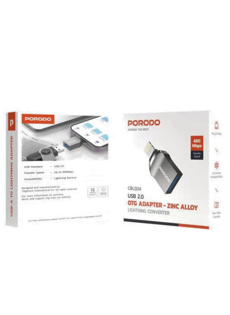porodo - USB A to Lightning Adapter, Zinc Alloy, Fast Data Transfer, Universal Compatibility, Plug & Play, Up to 480Mbps Transfer Speed - Black - Image 1
