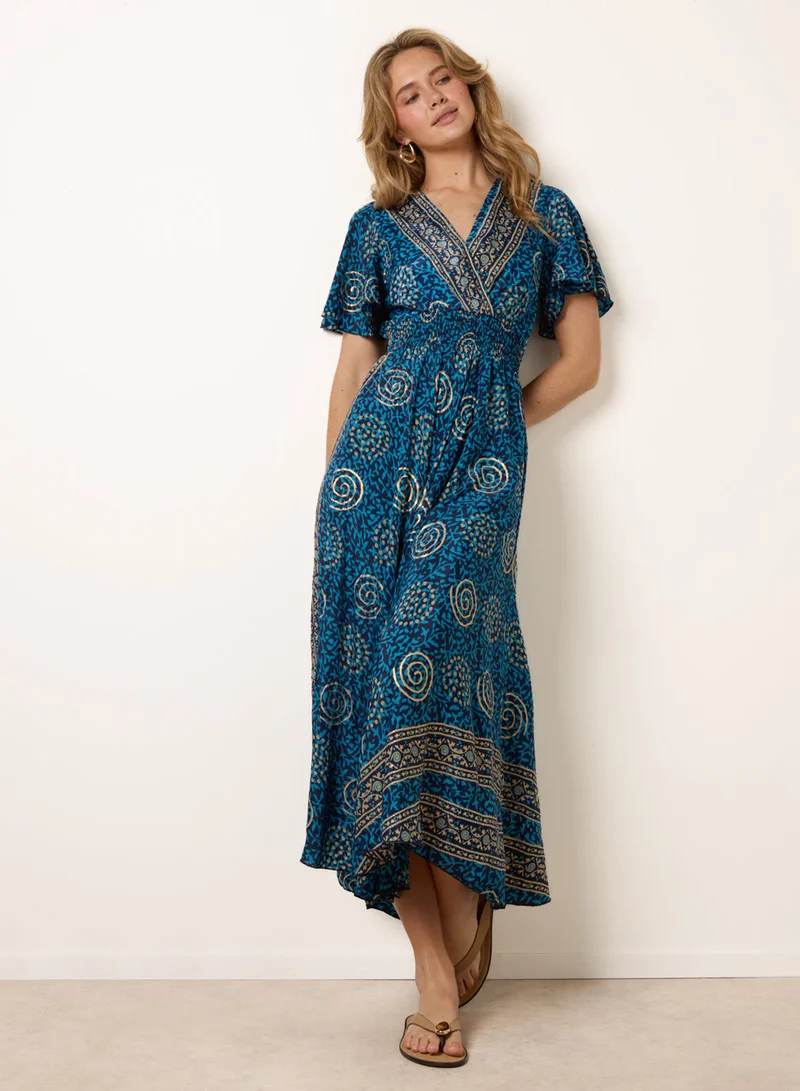 Blue Vanilla Wrap Over Tie Back Maxi Dress