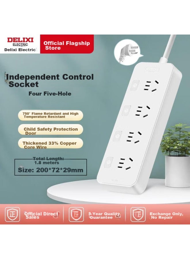 Delixi New National Standard Power Strip With Switches/power Bar/extension Cord/power Board/power Strip/power Strip/power Strip 4 Outlets, 1.8 Meters Long, With Individual Control J-e4k4x/b - Image 1
