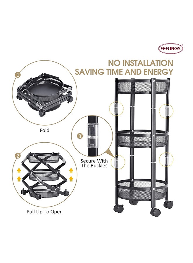 Feelings Tornado Metal Trolley 3 Tier Round shape, organizer, Foldable Metal Rolling Utility Cart Organizer, Rotating trolley with 4 castor wheels , 2 wheels has stopper, Easy Folding TWIST AND FOLD  - Image 4