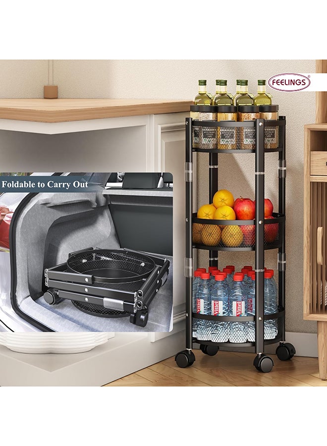Feelings Tornado Metal Trolley 3 Tier Round shape, organizer, Foldable Metal Rolling Utility Cart Organizer, Rotating trolley with 4 castor wheels , 2 wheels has stopper, Easy Folding TWIST AND FOLD  - Image 3