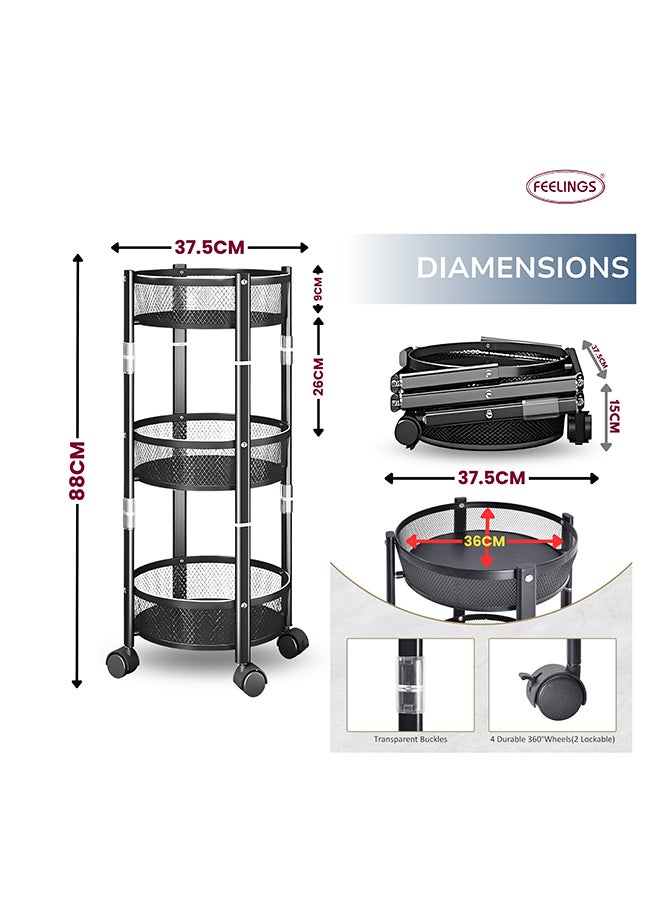 Feelings Tornado Metal Trolley 3 Tier Round shape, organizer, Foldable Metal Rolling Utility Cart Organizer, Rotating trolley with 4 castor wheels , 2 wheels has stopper, Easy Folding TWIST AND FOLD  - Image 2