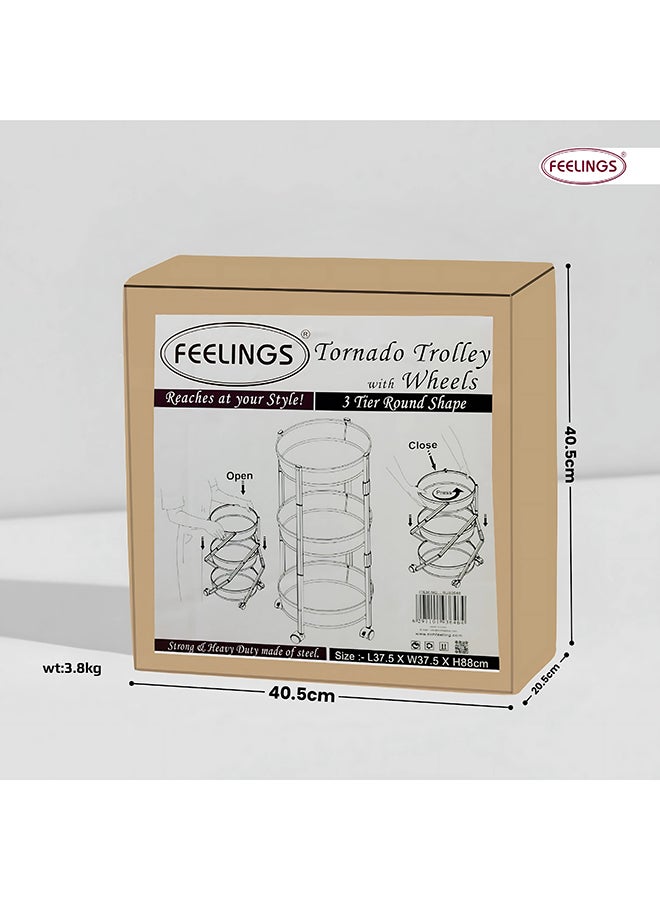 Feelings Tornado Metal Trolley 3 Tier Round shape, organizer, Foldable Metal Rolling Utility Cart Organizer, Rotating trolley with 4 castor wheels , 2 wheels has stopper, Easy Folding TWIST AND FOLD  - Image 5