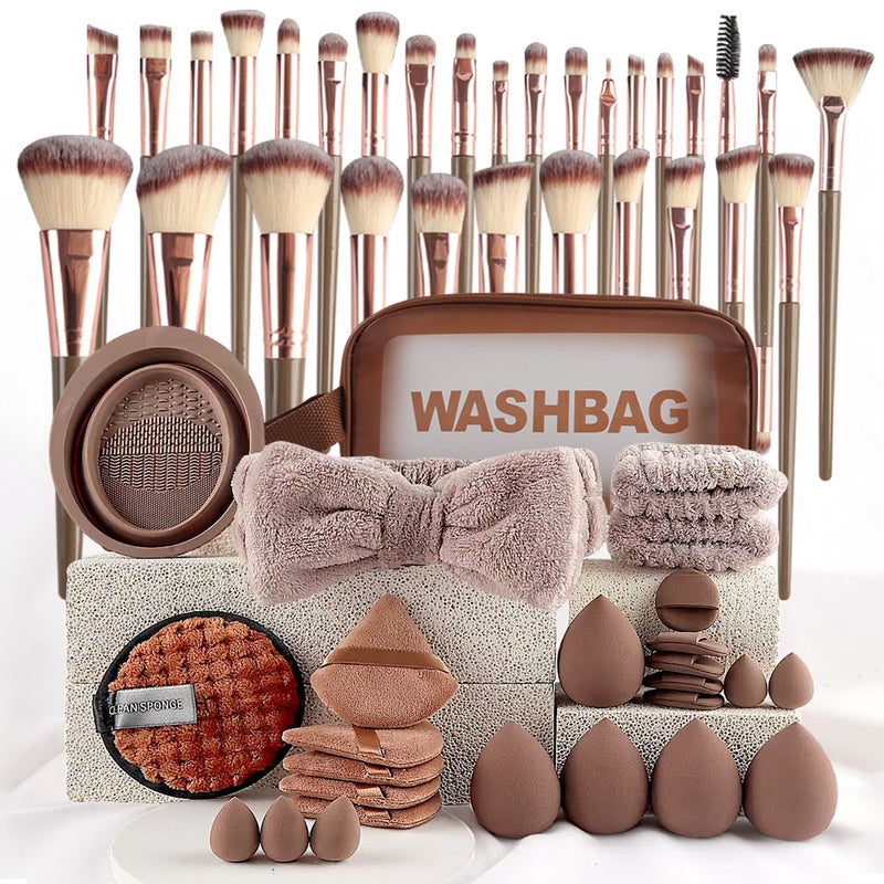 A 56-piece face and eye makeup brush set, including 30 brushes, hair band, bracelet, large and small powder puffs, beauty egg, makeup brush cleaning bowl - Image 2