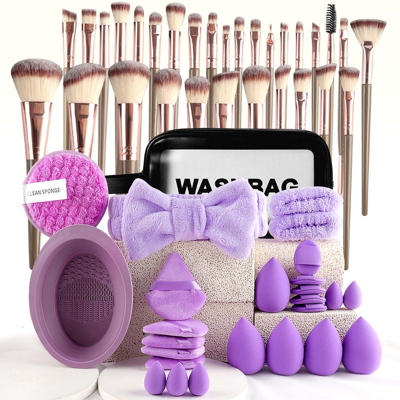 A 56-piece face and eye makeup brush set, including 30 brushes, hair band, bracelet, large and small powder puffs, beauty egg, makeup brush cleaning bowl - Image 1