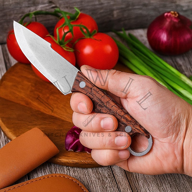 JUWIL سكاكين مطبخ كاملة الشفرة مع غلاف جلدي - سكين ثابت من الفولاذ الكربوني العالي مع مقبض ABS مريح وحلقة إصبع، سكين حاد للغاية للاستخدام اليومي - مدمجة، متينة وسهلة الحمل - Image 5