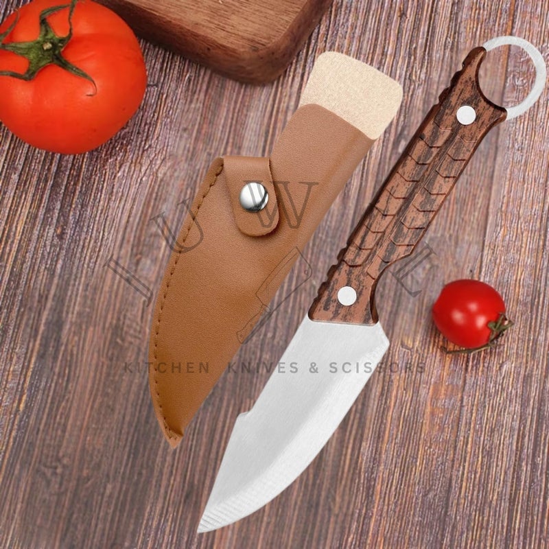 JUWIL سكاكين مطبخ كاملة الشفرة مع غلاف جلدي - سكين ثابت من الفولاذ الكربوني العالي مع مقبض ABS مريح وحلقة إصبع، سكين حاد للغاية للاستخدام اليومي - مدمجة، متينة وسهلة الحمل - Image 4