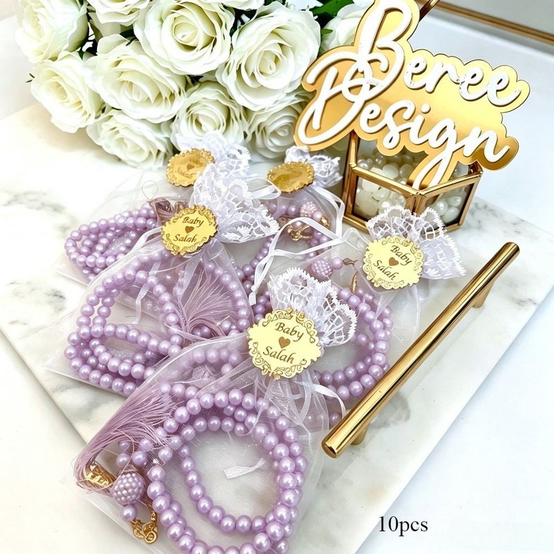 Purple Beads + Golden Acrylic + Mesh Personalized Engraved Bead Sets With Lace Organza Bags Custom Metal Plaque Tags Multi Item Party Favor Packs For Wedding Birthday Banquet Decorative Souvenir Gifts - Image 1