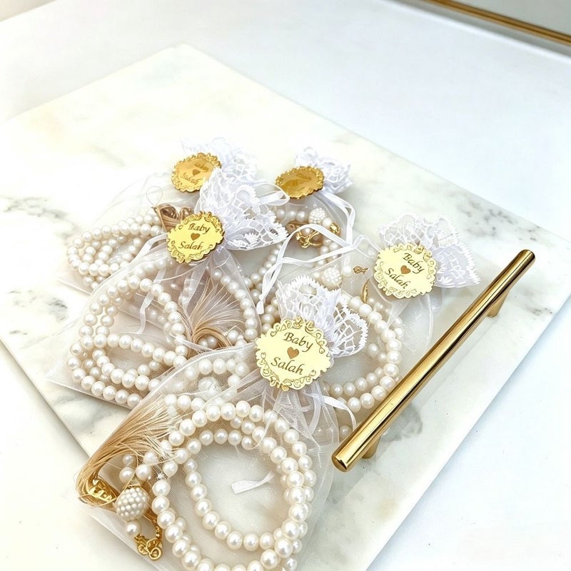 Purple Beads + Golden Acrylic + Mesh Personalized Engraved Bead Sets With Lace Organza Bags Custom Metal Plaque Tags Multi Item Party Favor Packs For Wedding Birthday Banquet Decorative Souvenir Gifts - Image 4