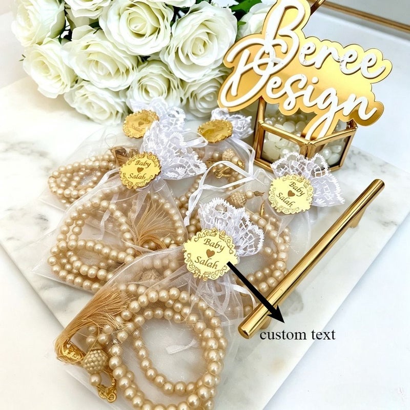 Purple Beads + Golden Acrylic + Mesh Personalized Engraved Bead Sets With Lace Organza Bags Custom Metal Plaque Tags Multi Item Party Favor Packs For Wedding Birthday Banquet Decorative Souvenir Gifts - Image 5
