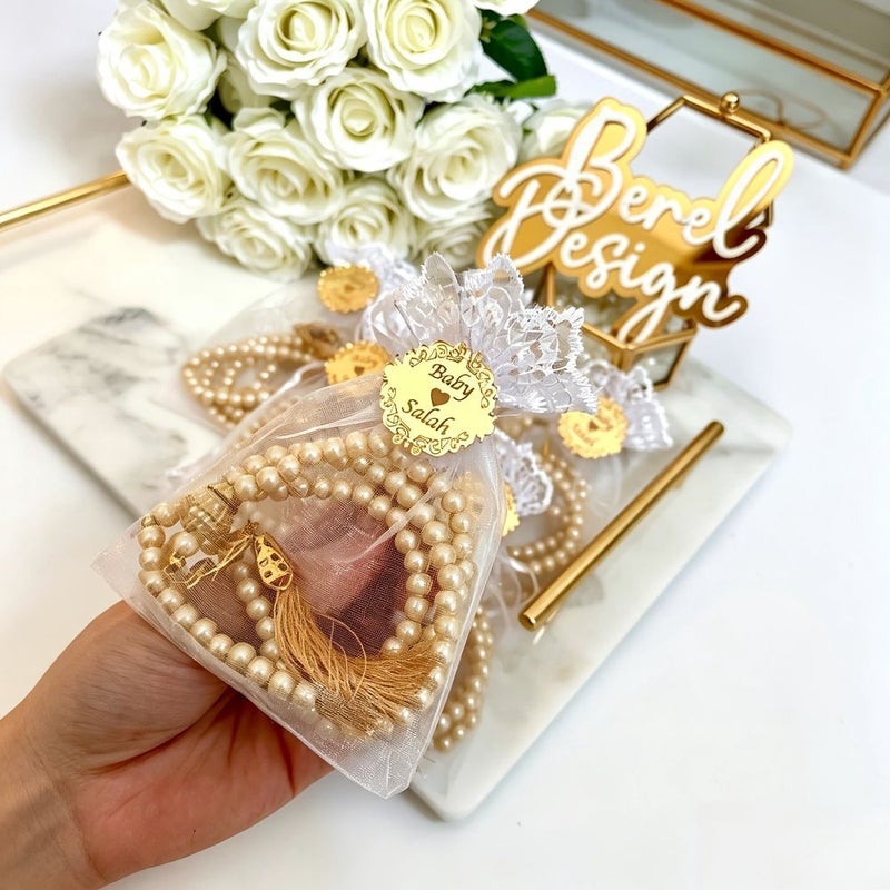 Purple Beads + Golden Acrylic + Mesh Personalized Engraved Bead Sets With Lace Organza Bags Custom Metal Plaque Tags Multi Item Party Favor Packs For Wedding Birthday Banquet Decorative Souvenir Gifts - Image 2