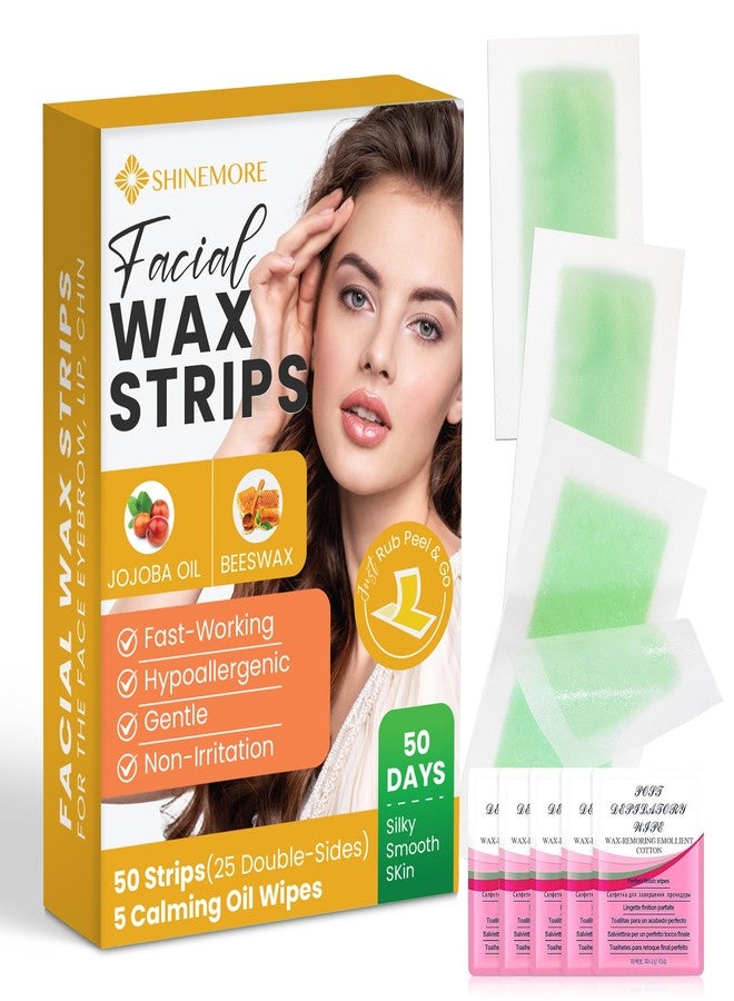ShineMore Facial Wax Strips for Hair Removal: Fast Working and Gentle for Face, Eyebrow, Upper Lip, Chin - Hypoallergenic for All Skin Types 50 Waxing Strips with 5 Wipes - Image 1