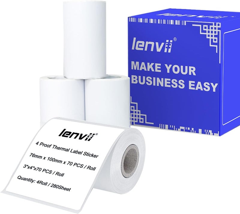 LENVII 76x100 mm (3" x 4") Thermal Labels Paper 280 Sheets - 4 Rolls × 70 Labels, Tear/Water/Oil/Scratch Resistant Multi-Purpose Adhesive Stickers for Barcode/FNSKU, Home, Office, Product Gift Tag - Image 1
