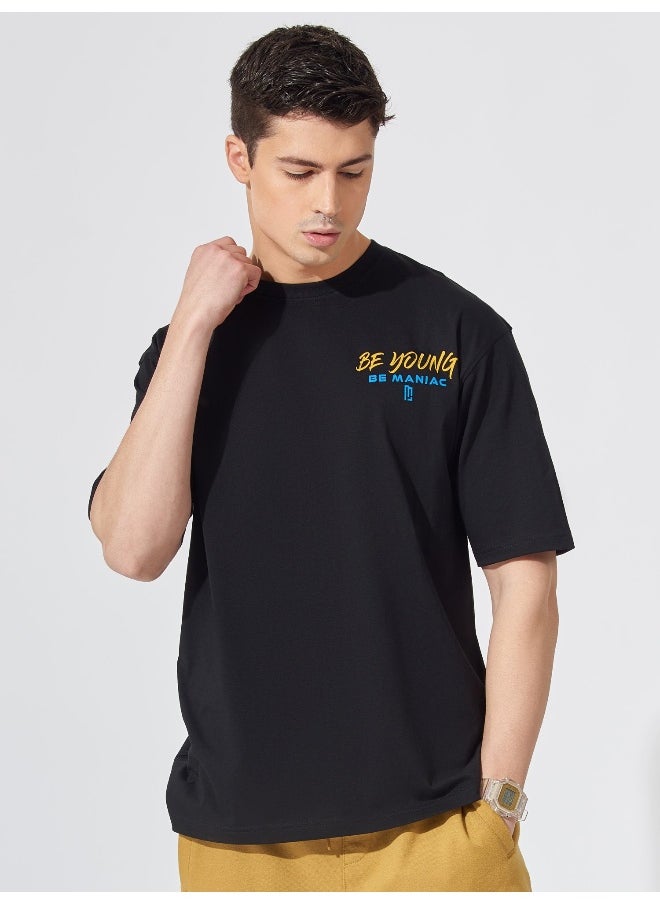 Maniac - Mens Back Printed Round Neck 3/4th Sleeve Black and Yellow Cotton Oversized Fit T-Shirt - Image 1