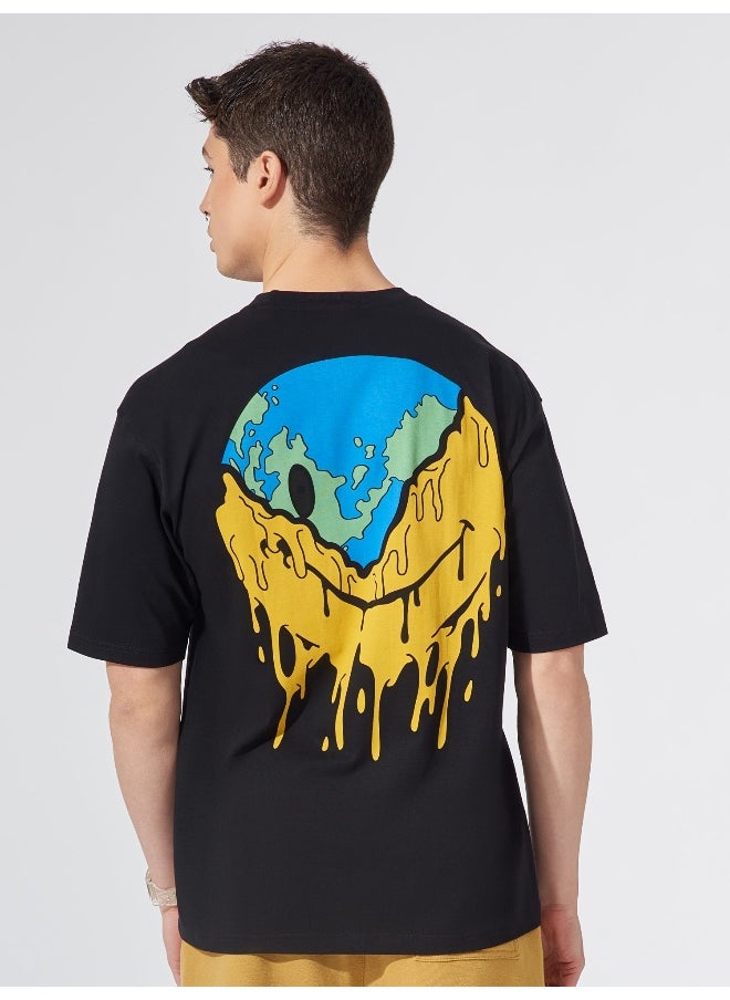 Maniac - Mens Back Printed Round Neck 3/4th Sleeve Black and Yellow Cotton Oversized Fit T-Shirt - Image 1