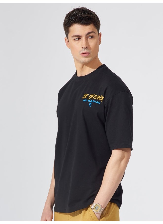Maniac - Mens Back Printed Round Neck 3/4th Sleeve Black and Yellow Cotton Oversized Fit T-Shirt - Image 1