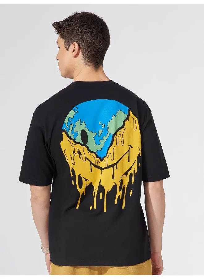 مانياك Mens Back Printed Round Neck 3/4th Sleeve Black and Yellow Cotton Oversized Fit T-Shirt