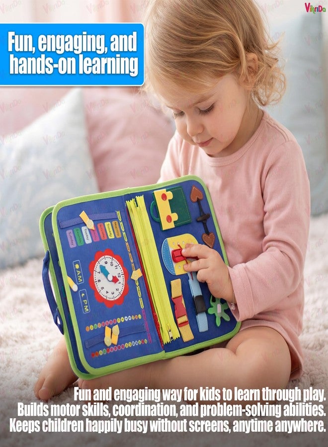 VikriDA Busy Board Activity Binder Interactive Sensory Educational Toy for Toddlers Supports Fine Motor Skills & Creativity with Activities for Kids Soft Felt Busy Binder Birthday Gift- Blue - Image 3