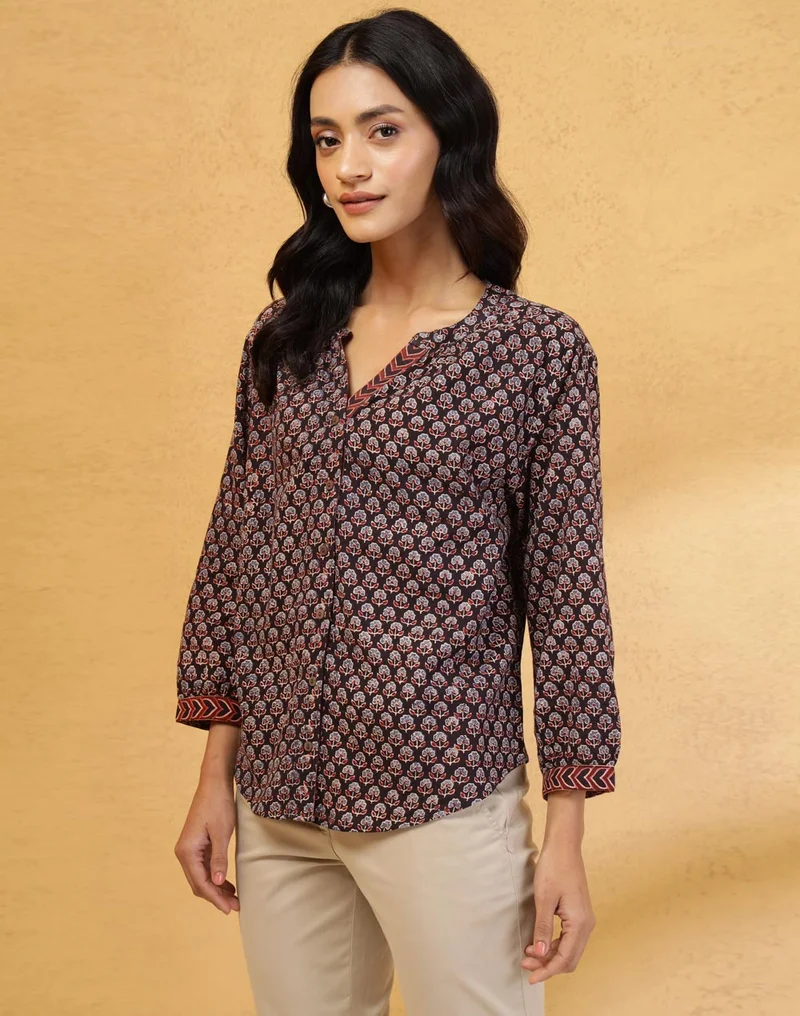 Fabindia Black Cotton Ajrakh Printed Top