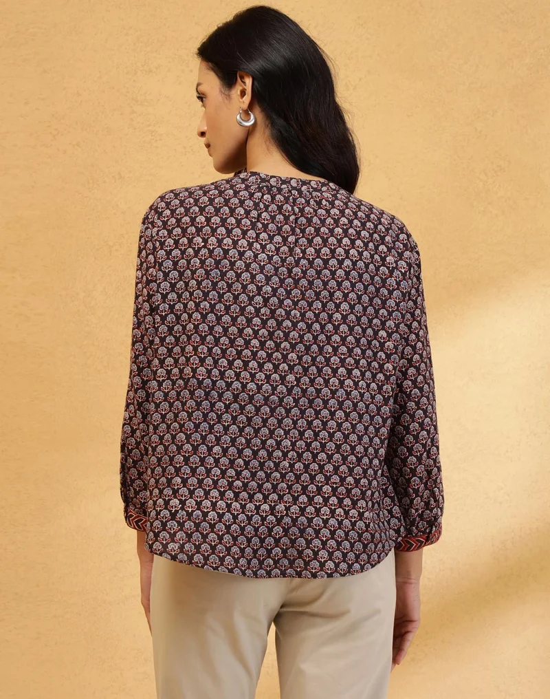 Fabindia Black Cotton Ajrakh Printed Top