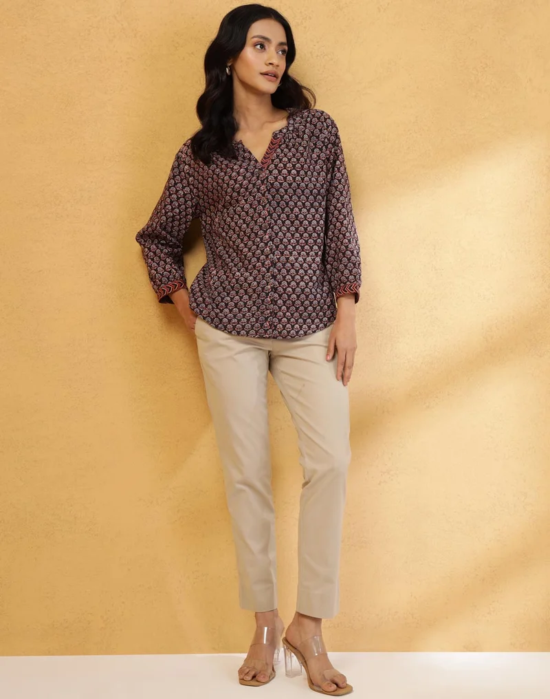 Fabindia Black Cotton Ajrakh Printed Top