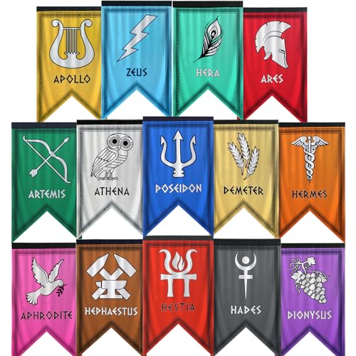 Greek Gods Banners 14pcs Percy Jackson Cabin Banners Htabiol Greek Mythology Party Banner Percy Jackson Cabin Flags Fit for Percy Jackson Party Percy Jackson Birthday Party 12x73 Polyester