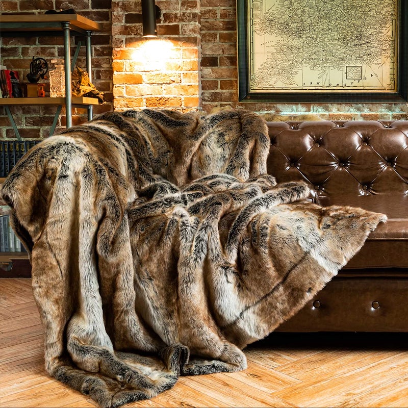 BATTILO HOME بطانية بتيليو هوم الكبيرة من الفرو الصناعي البني للسرير، بطانية فرو خريفية وغطاء، 60 × 80 بوصة، بطانيات ناعمة وسميكة ودافئة جداً للأريكة، قابلة للعكس إلى مخمل فخم - Image 1