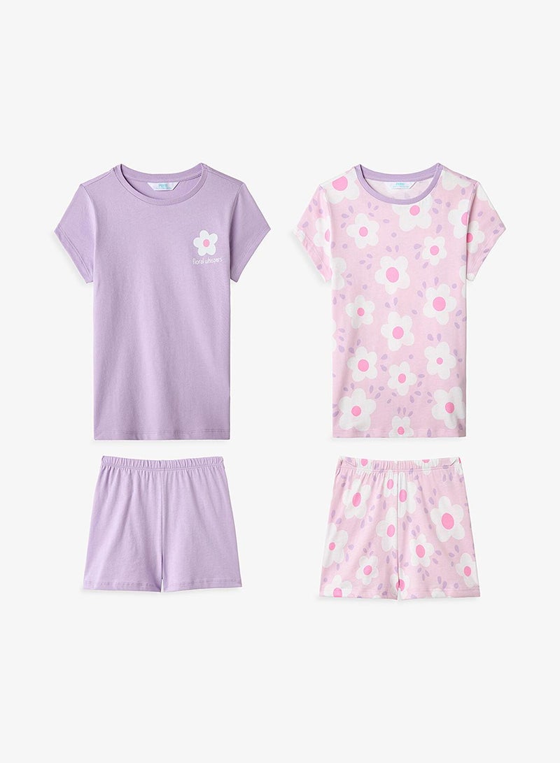 Penti Girl's Cotton Lounge Floral Whispers Shorts Sleeve 2-pack Pajama Set - Lilac - Image 1