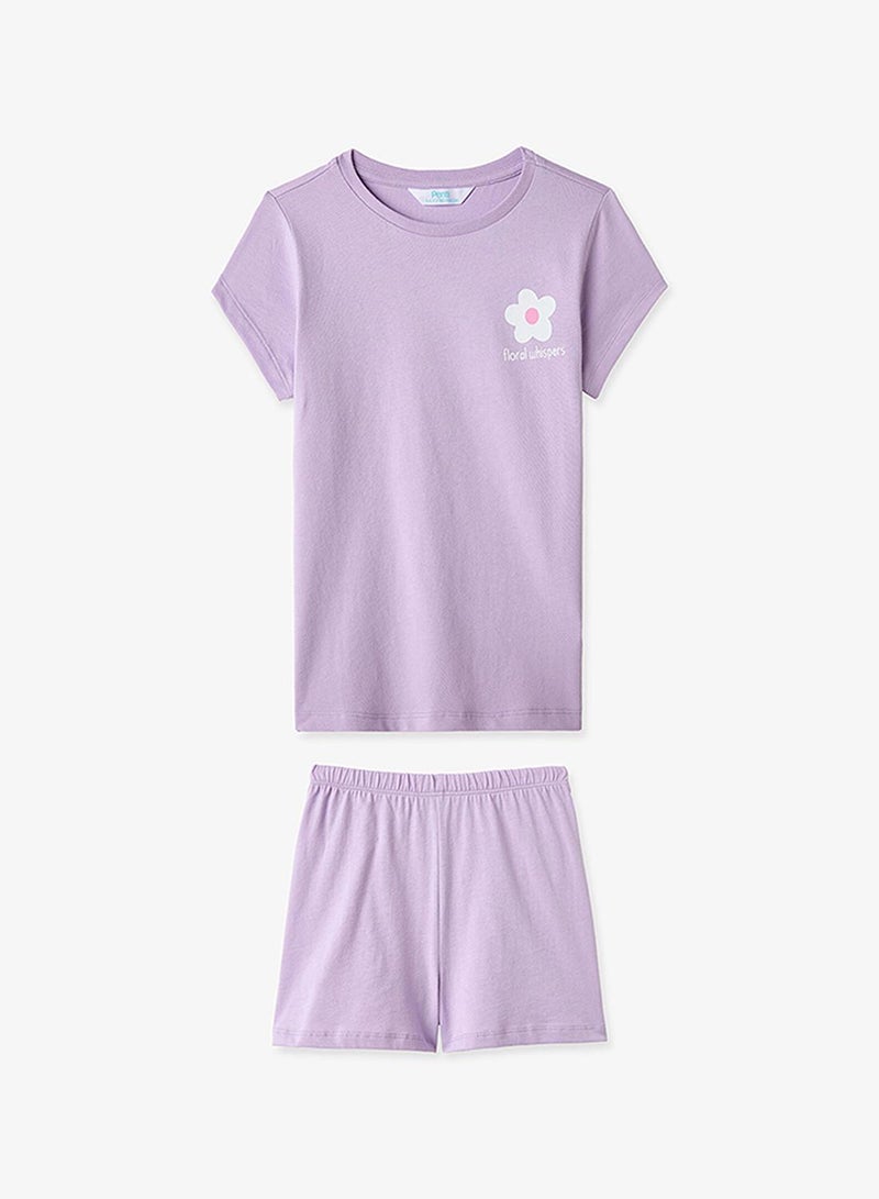 Penti Girl's Cotton Lounge Floral Whispers Shorts Sleeve 2-pack Pajama Set - Lilac - Image 2
