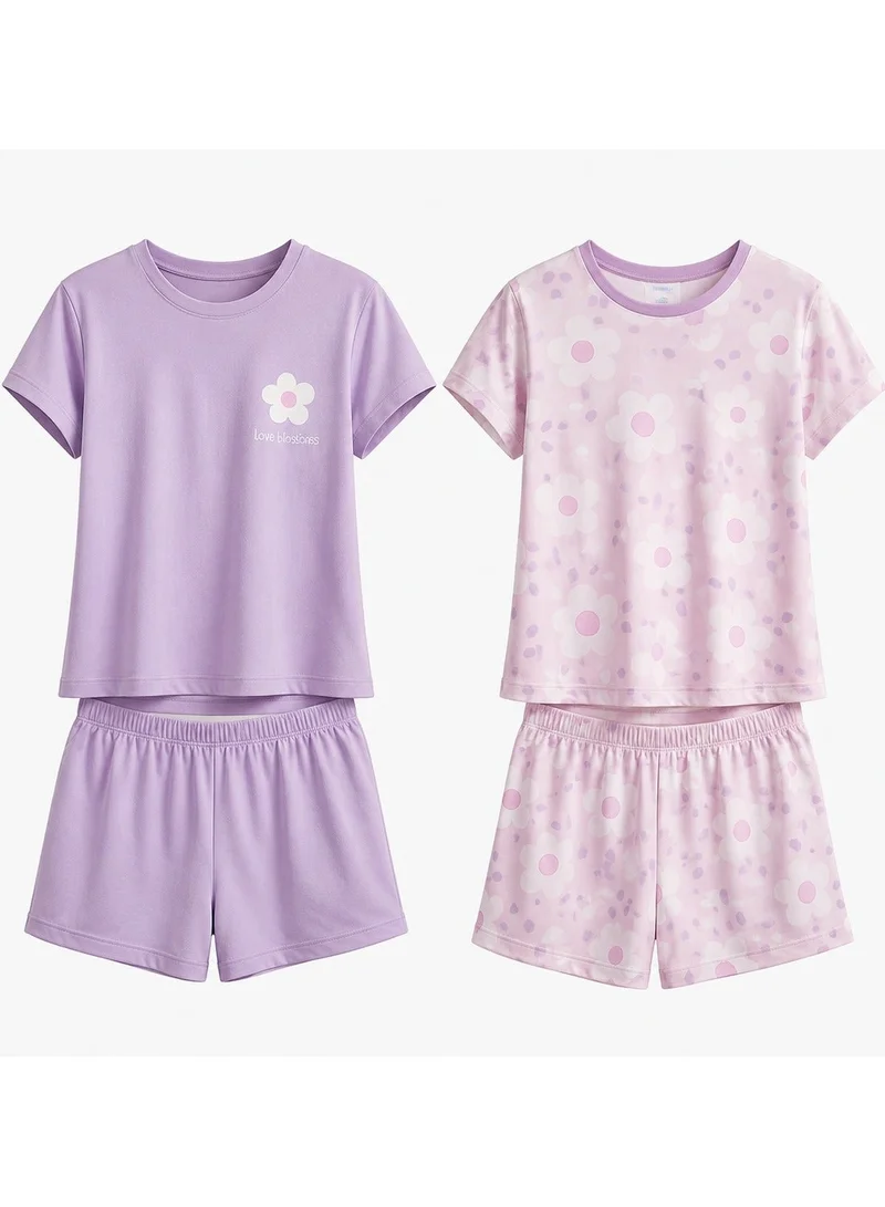 بنتي Penti Girl's Cotton Lounge Floral Whispers Shorts Sleeve 2-pack Pajama Set - Lilac