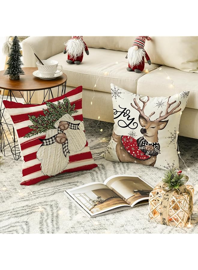 erorex Snowman Reindeer Gloves Eucalyptus Red Throw Pillow Covers 18 X 18 Inch Winter Holiday Stripes Cushion Case Decoration For Sofa Couch Set Of 4 - Image 4