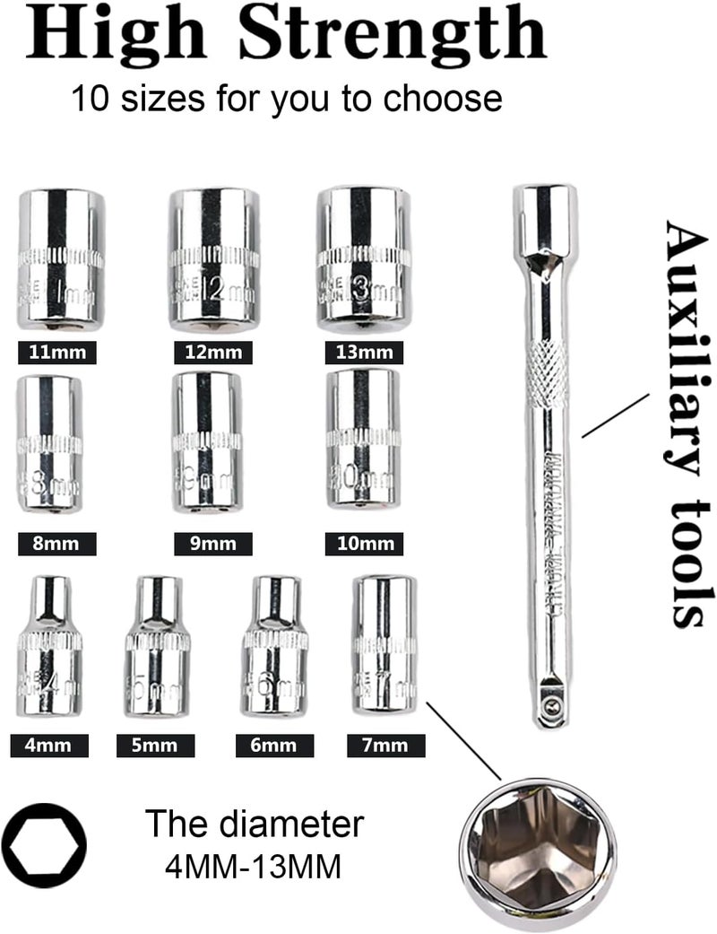 Egofine 12pcs 1/4 Inch Mini Ratchet Socket Wrench Set, Drive Socket Set with 10 Sockets (4-13mm) and 2 Way Quick Released Ratchet Handle and Extension Bar - Image 5