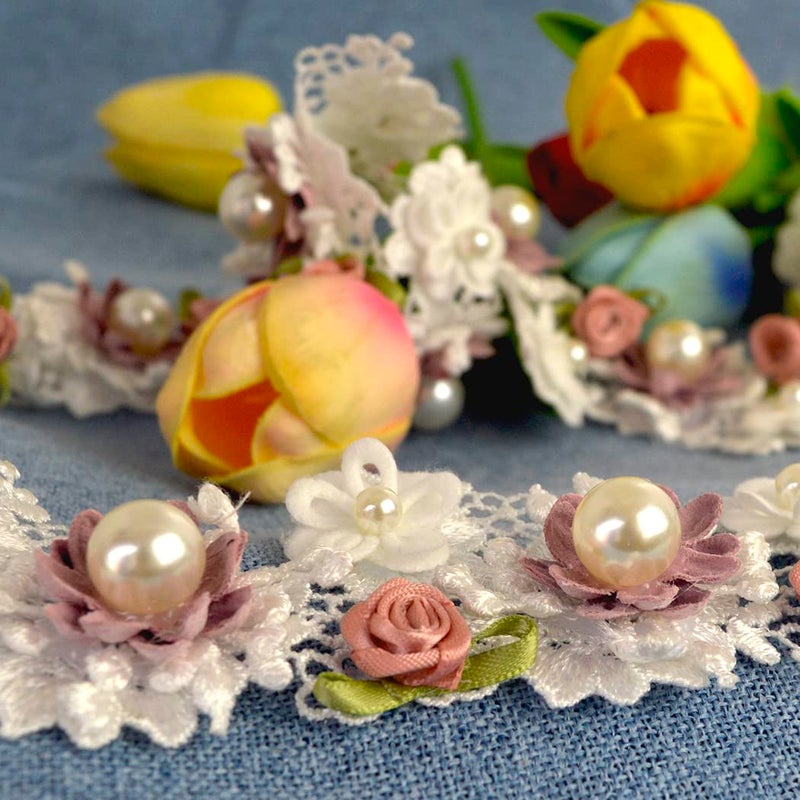 Kuasting 2 Yard Vintage Pearl Flower Ribbon Scallop Edge Trim Sewing Lace Trim Handmade DIY Sewing Supplies for Dress Embellishment (Pearl lace) - Image 3