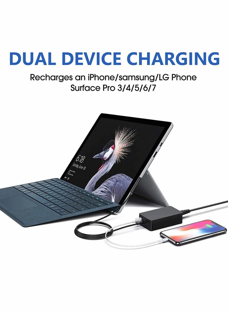 Excefore 65W Power Adapter for Surface Pro, AC Power Supply Charging Cable, UK Plug Additional USB Port, Surface Charger Compatible for Microsoft Surface Pro X 7/6/5/4/3, Surface Laptop, Surface Book - Image 2