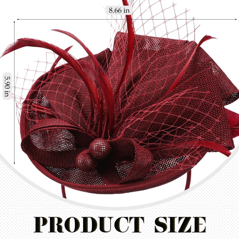 Zinniday Tea Party Hat for Women - 2026 Derby Fascinator with Detachable Headband (7.87 â€œx5.9â€ / Head Circumference 21.5â€œ-23.5â€) - Lightweight Feather & Polyester Wine Red - Image 2